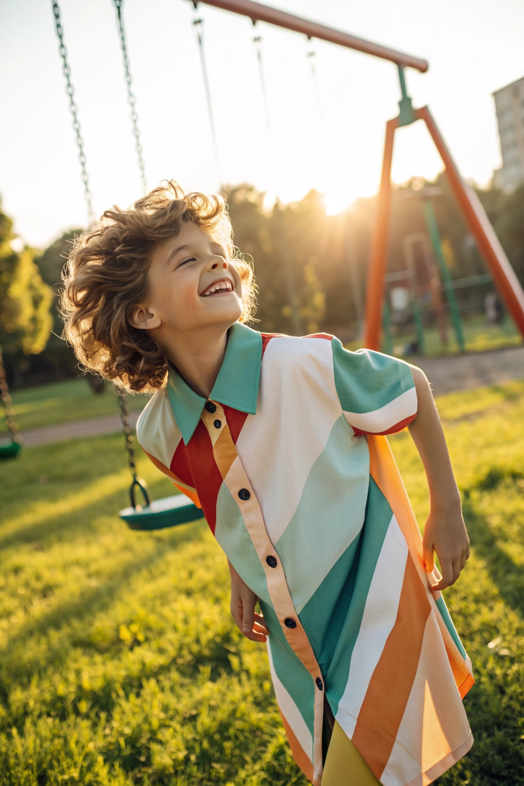 vintage clothing young boy smiling on a playground swing wearing a retro color-blocked button-down shirt in a playful outdoor setting.