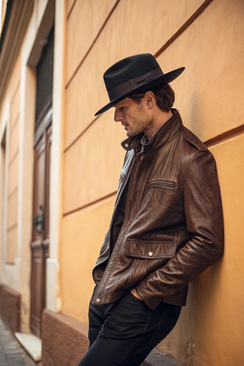 Man wearing a heritage leather jacket and a black hat.